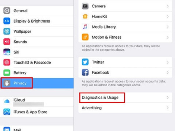 Thao tác tắt Diagnostics and Usage trên iPad sử dụng iOS 10