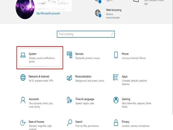 Mở Cài đặt (Settings) chọn system