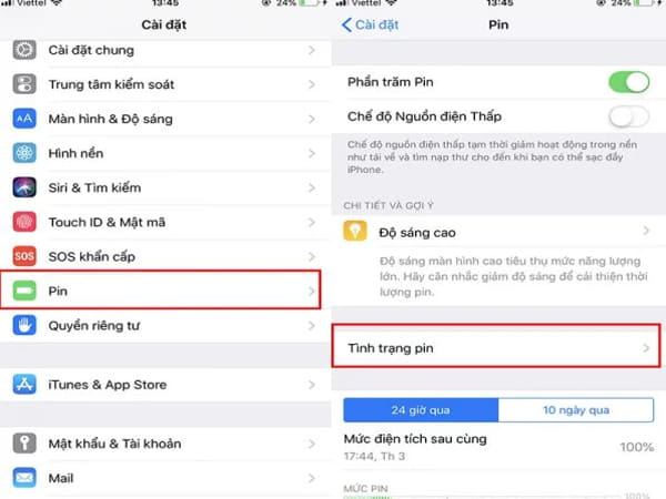 Kiểm tra tình trạng pin trong cài đặt