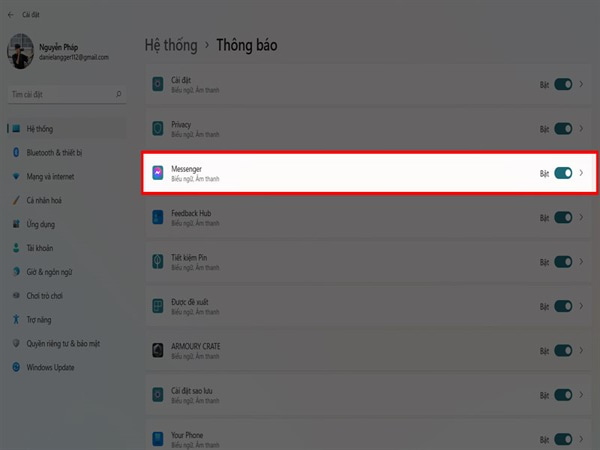 Tắt thông báo Messenger thông qua cài đặt hệ thống trên windows